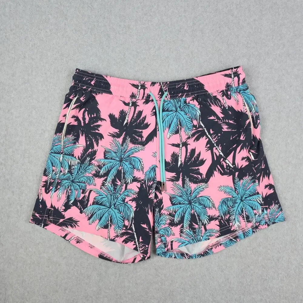 SURFCUZ Mens Medium Pink Swim Trunks Black Blue Palm Tree Pattern Drawstring